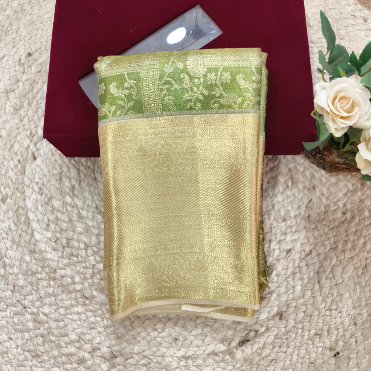 Mint Green and Off White Kanchipuram Brocade Tissue Silk Saree