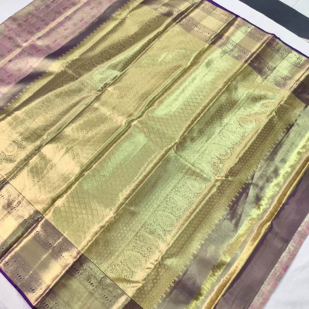 Pink and Navy Blue Kanchipuram Brocade Tissue Silk Saree