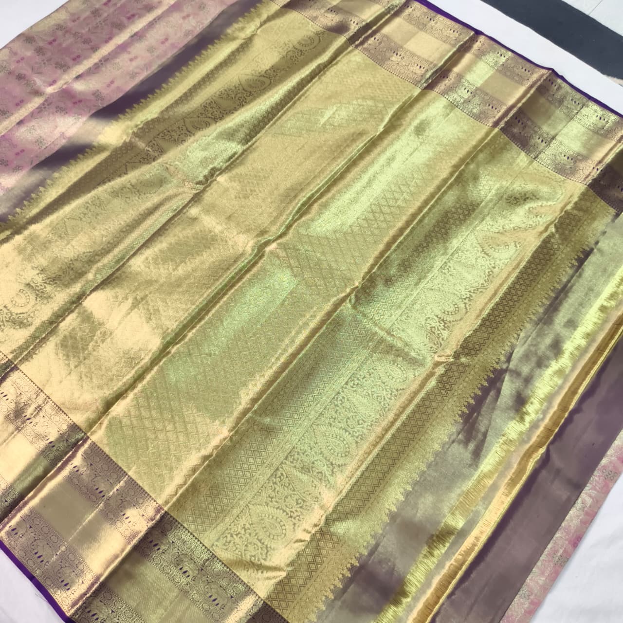 Pink and Navy Blue Kanchipuram Brocade Tissue Silk Saree