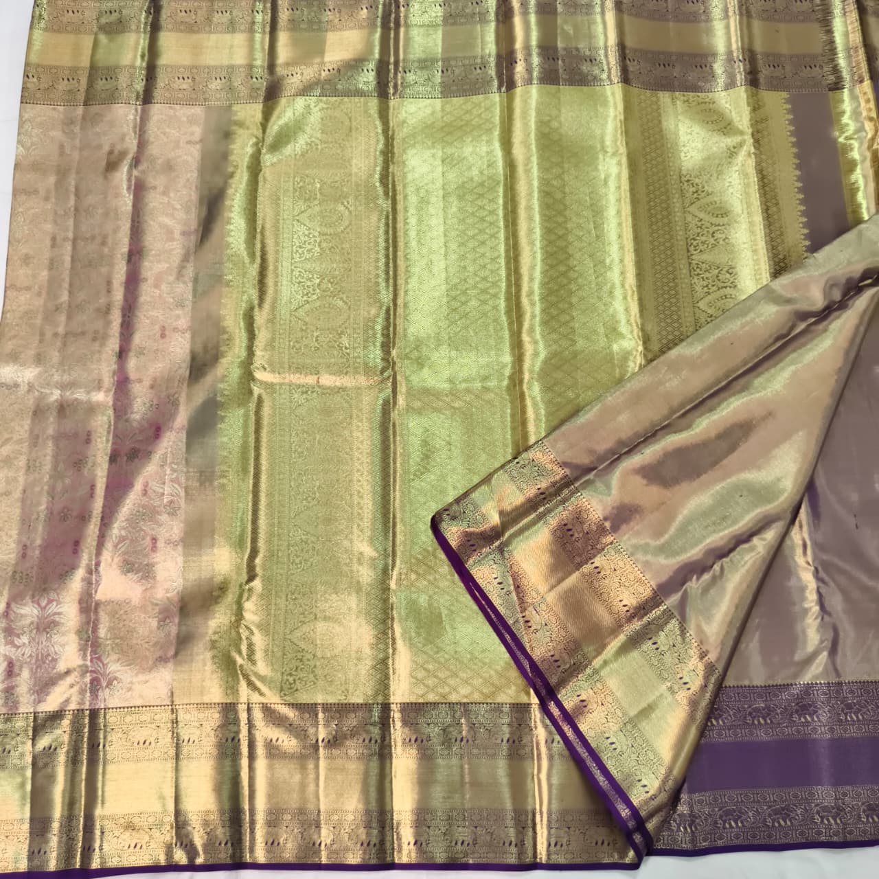 Pink and Navy Blue Kanchipuram Brocade Tissue Silk Saree
