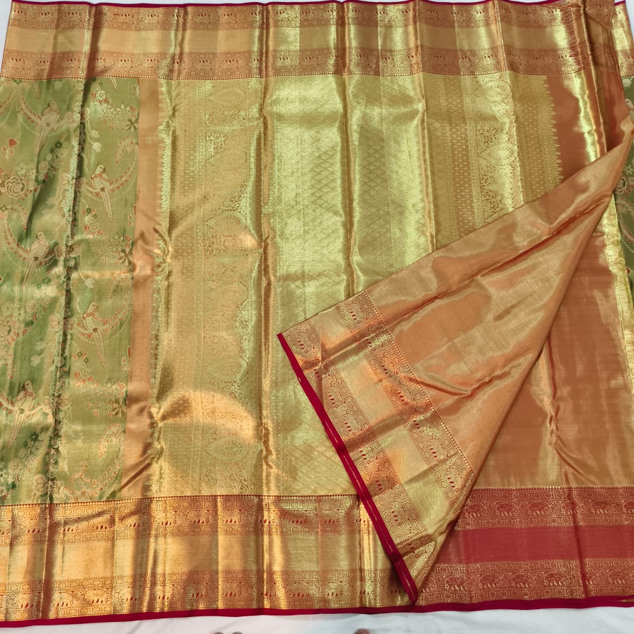 Green and Maroon Kanchipuram Brocade Tissue Silk Saree