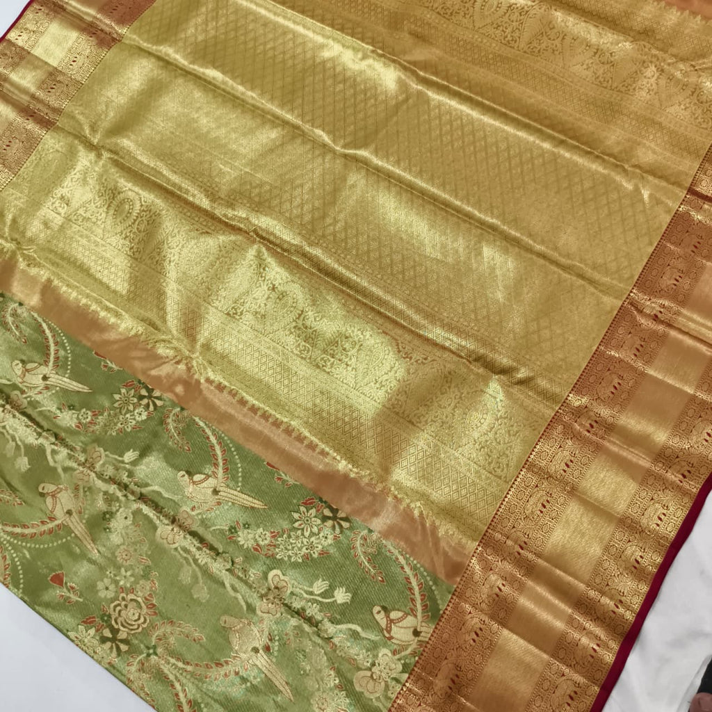 Green and Maroon Kanchipuram Brocade Tissue Silk Saree