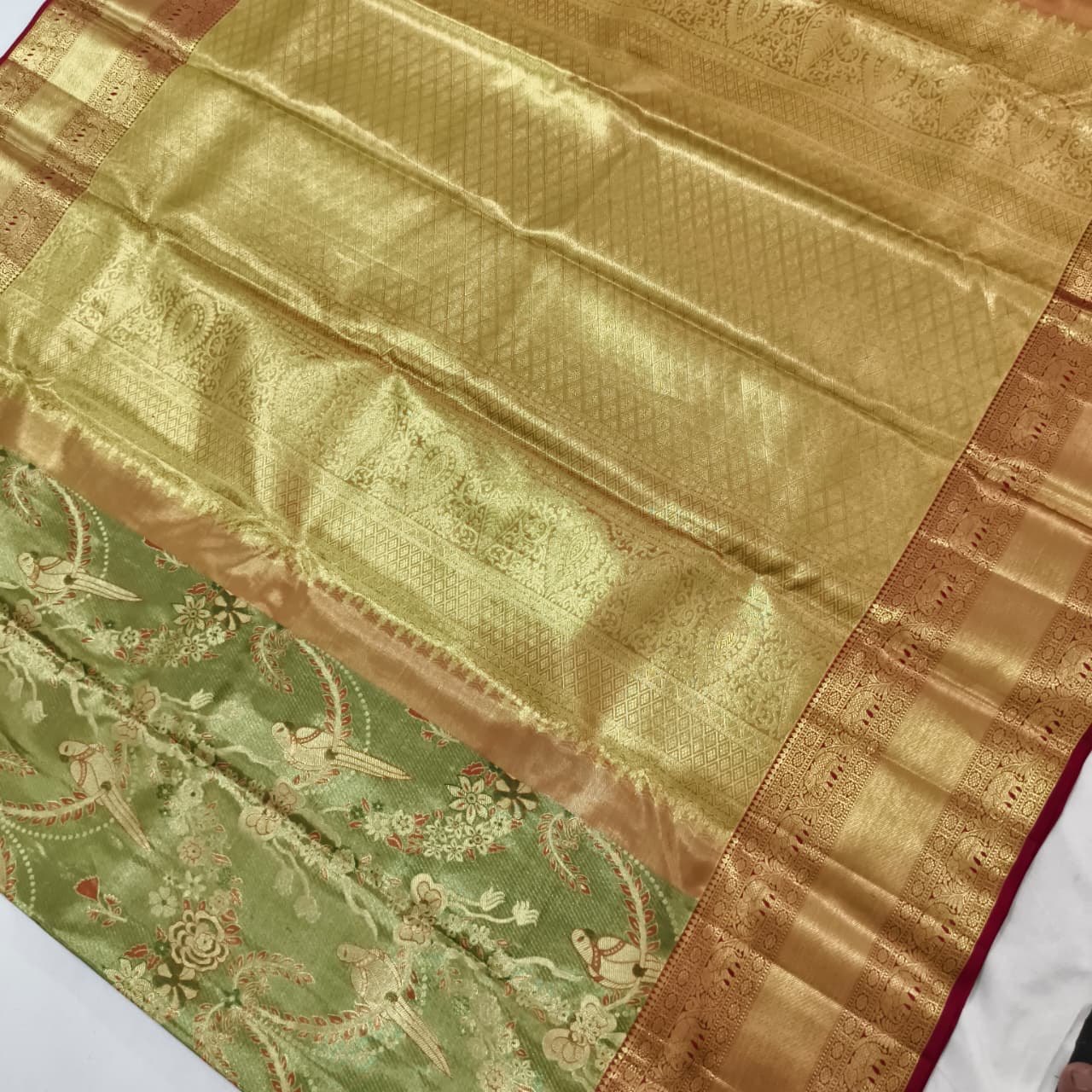 Green and Maroon Kanchipuram Brocade Tissue Silk Saree