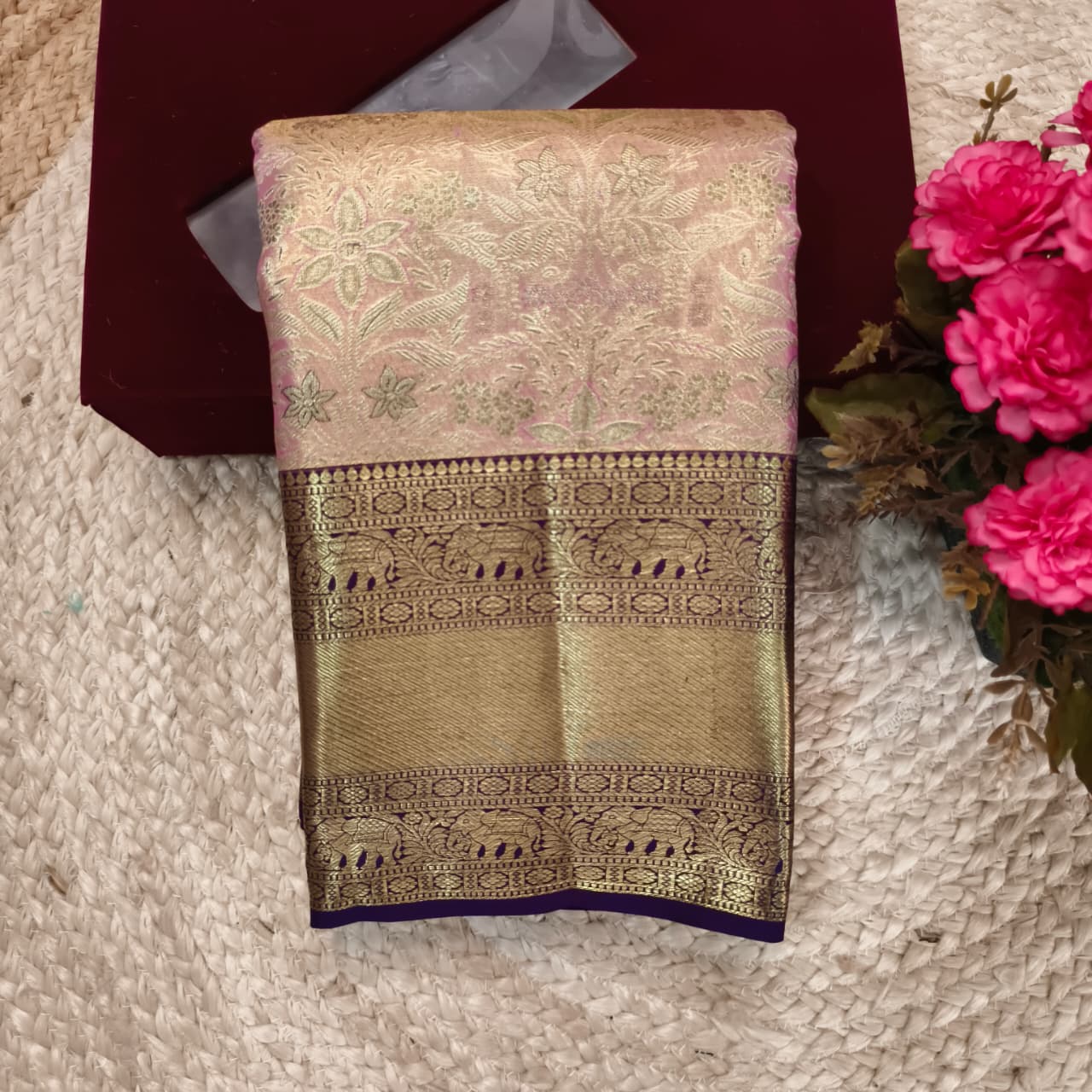 Pink and Navy Blue Kanchipuram Brocade Tissue Silk Saree