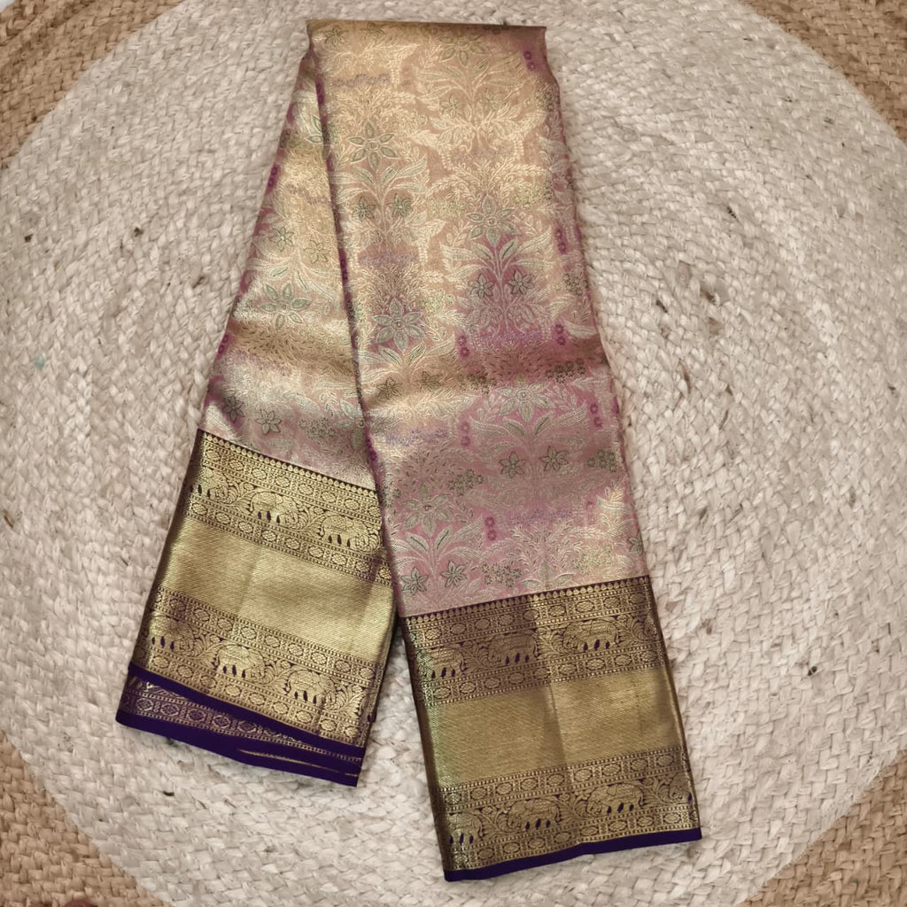 Pink and Navy Blue Kanchipuram Brocade Tissue Silk Saree