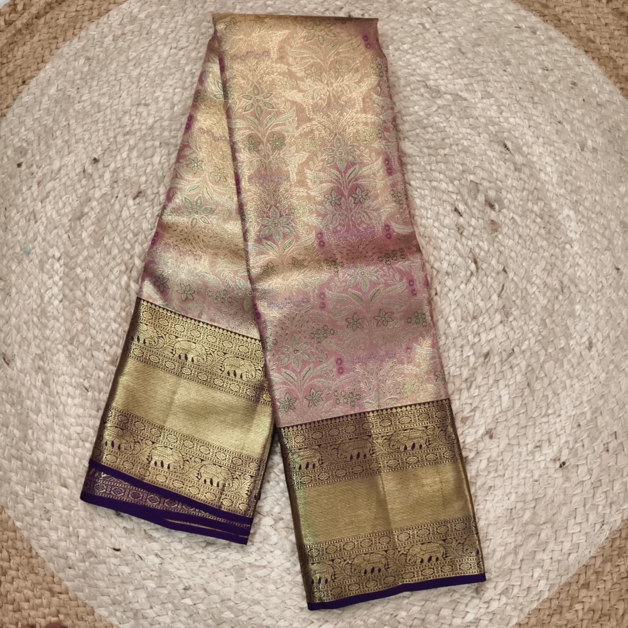 Pink and Navy Blue Kanchipuram Brocade Tissue Silk Saree