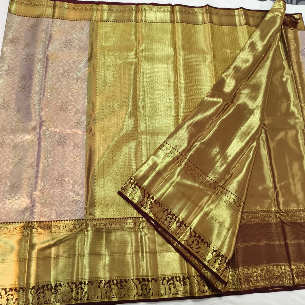 Pink and Navy Blue Kanchipuram Brocade Tissue Silk Saree