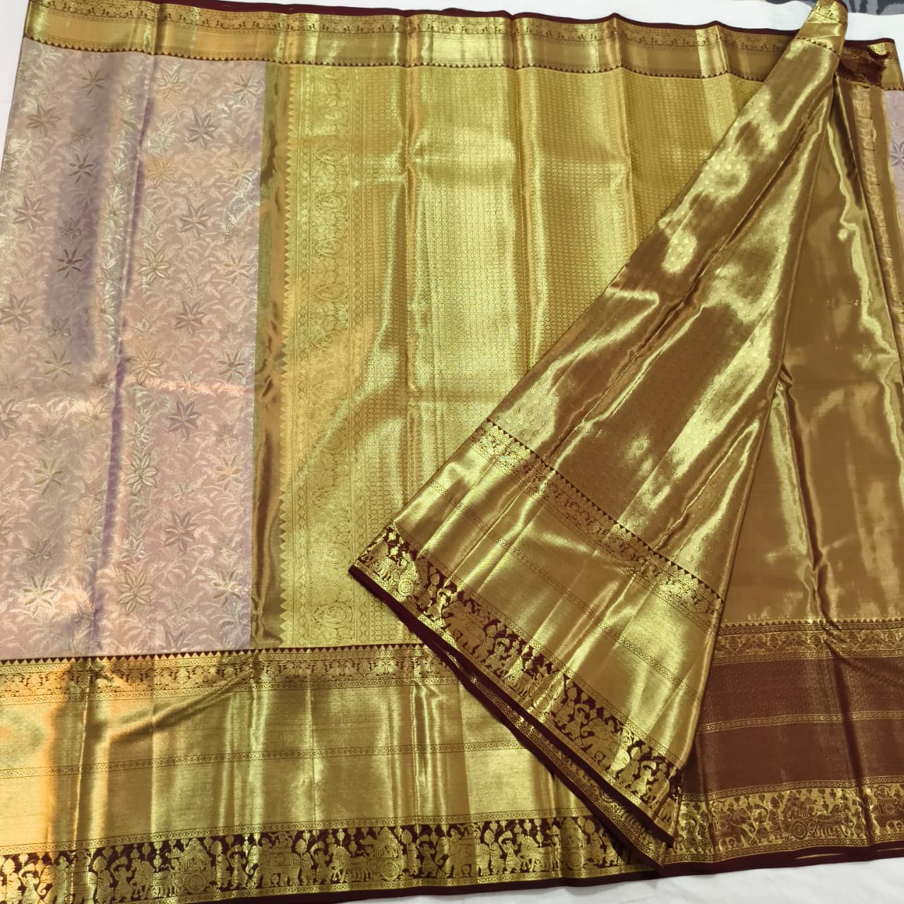 Pink and Navy Blue Kanchipuram Brocade Tissue Silk Saree