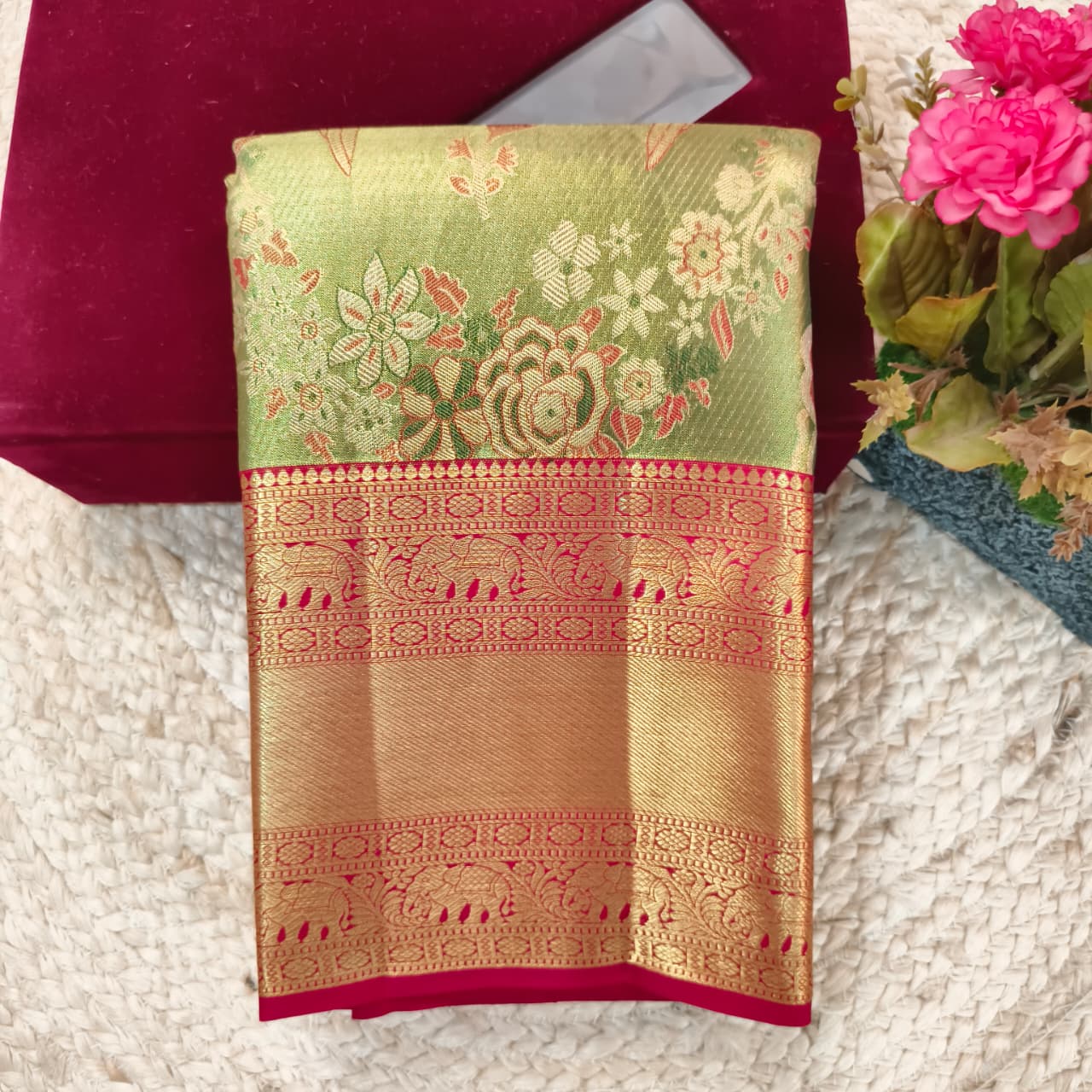 Green and Maroon Kanchipuram Brocade Tissue Silk Saree