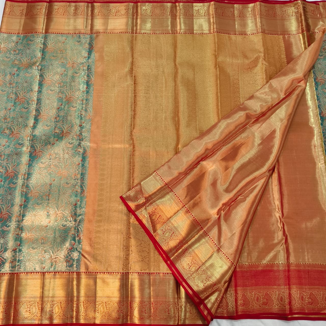 Blue and Red Kanchipuram Brocade Tissue Silk Saree