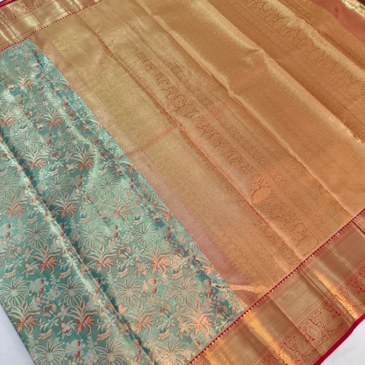 Blue and Red Kanchipuram Brocade Tissue Silk Saree