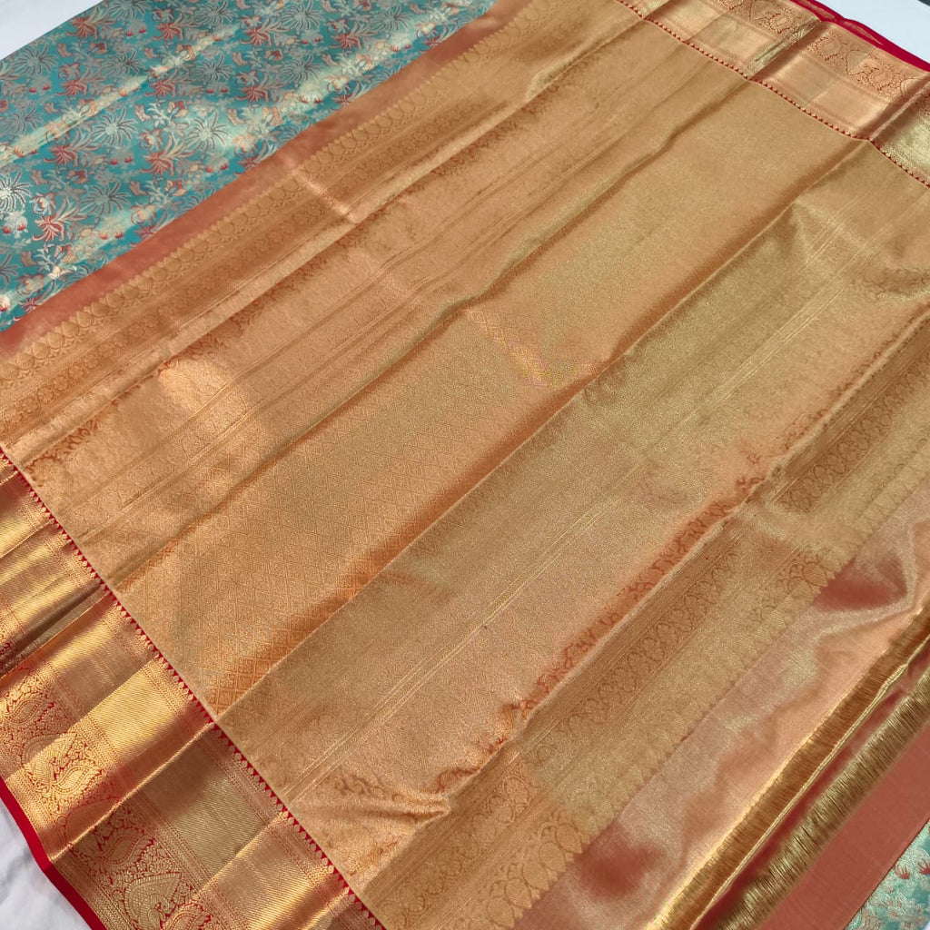 Blue and Red Kanchipuram Brocade Tissue Silk Saree