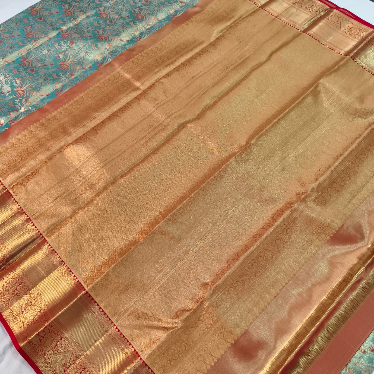 Blue and Red Kanchipuram Brocade Tissue Silk Saree