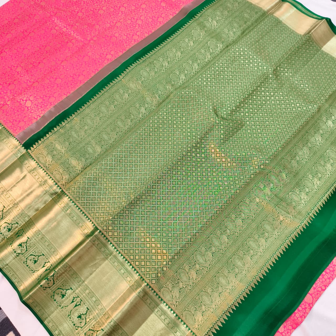 Pink and Green Kanchipuram Brocade Silk Saree