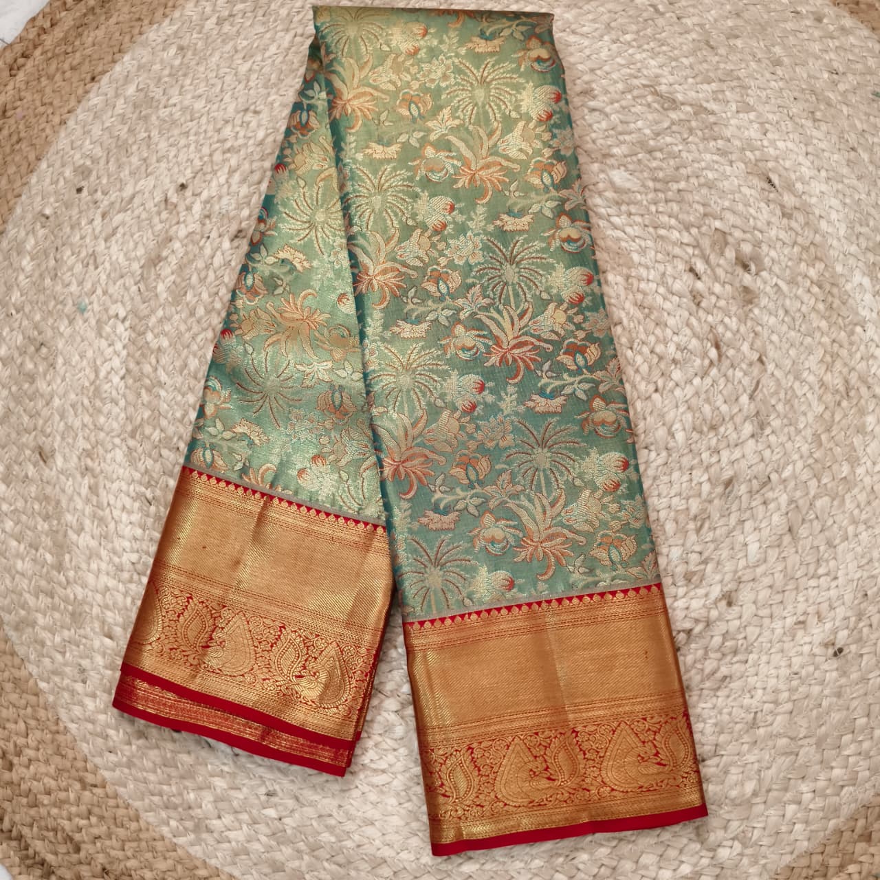 Blue and Red Kanchipuram Brocade Tissue Silk Saree