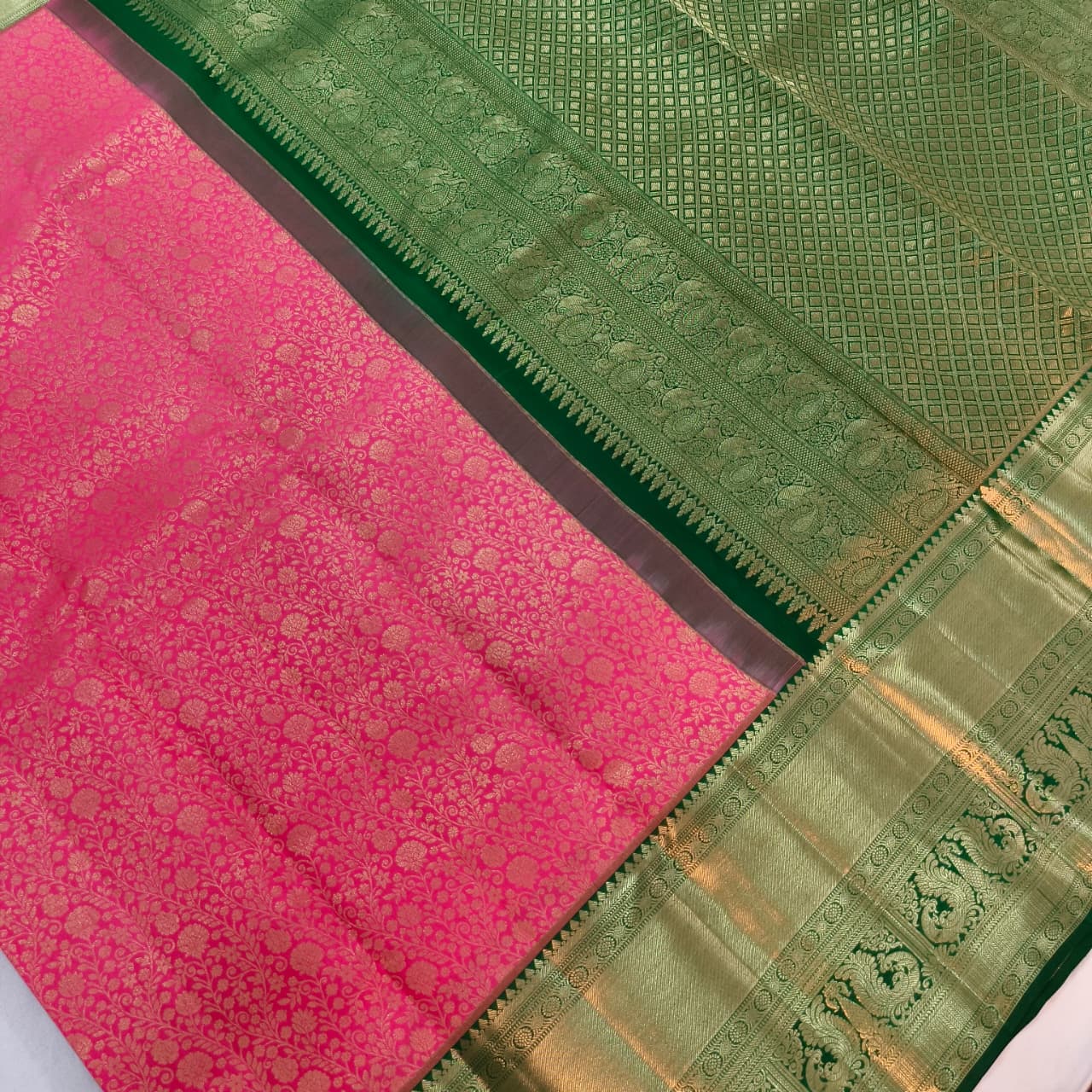 Pink and Green Kanchipuram Brocade Silk Saree