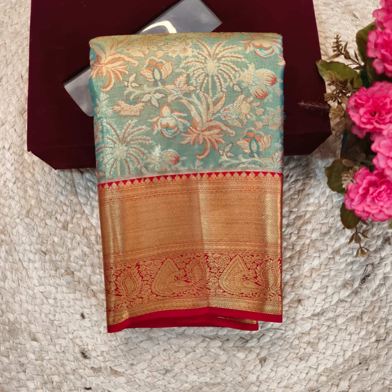Blue and Red Kanchipuram Brocade Tissue Silk Saree