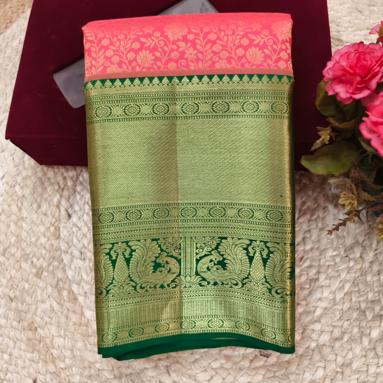 Pink and Green Kanchipuram Brocade Silk Saree