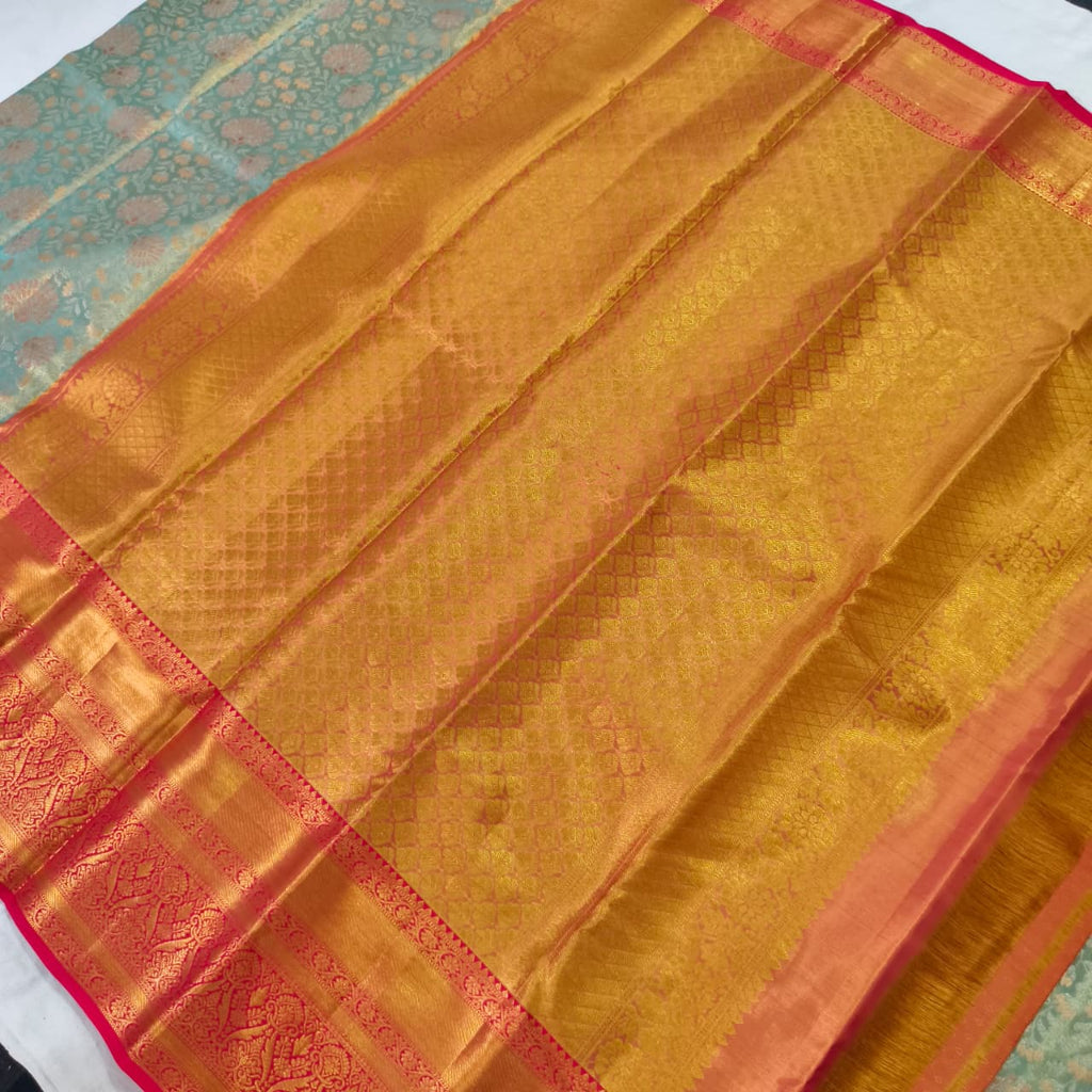 Aqua Green and Pink Kanchipuram Brocade Tissue Silk Saree
