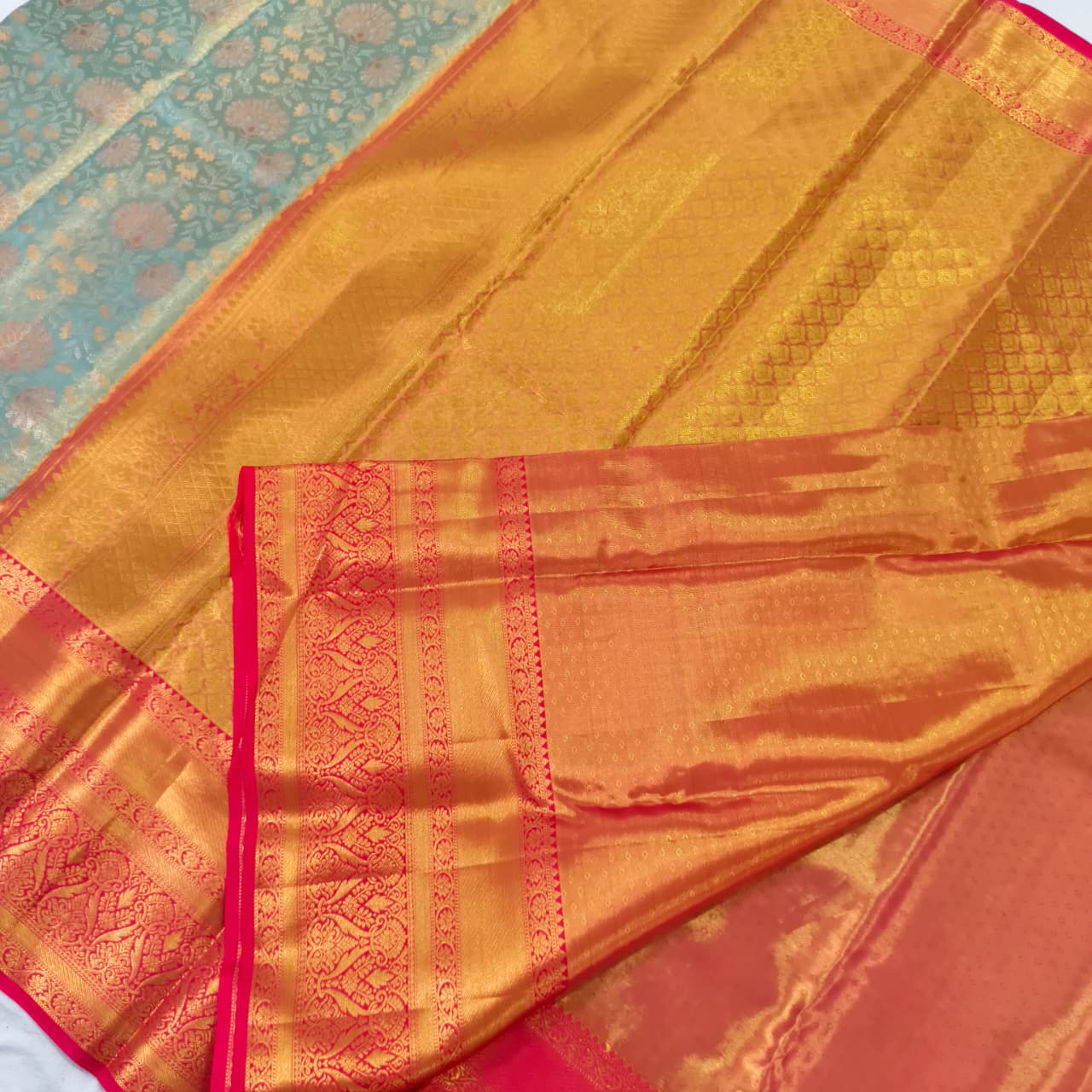 Aqua Green and Pink Kanchipuram Brocade Tissue Silk Saree