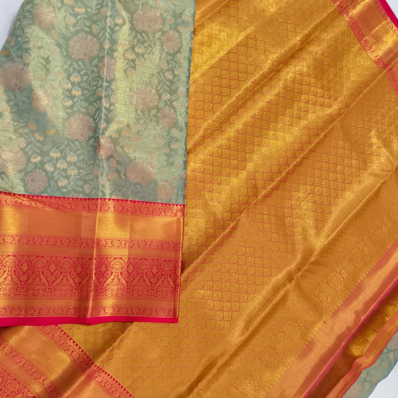 Aqua Green and Pink Kanchipuram Brocade Tissue Silk Saree