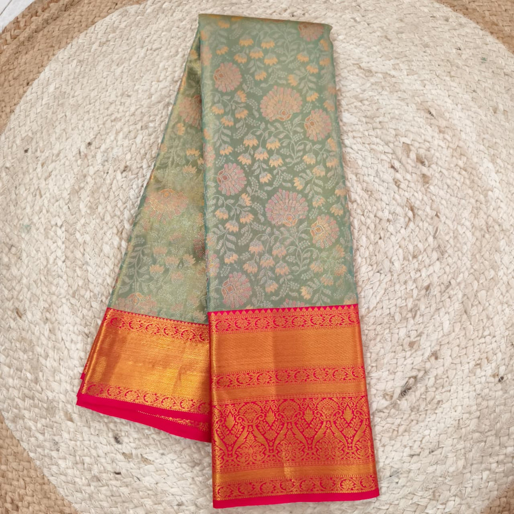 Aqua Green and Pink Kanchipuram Brocade Tissue Silk Saree