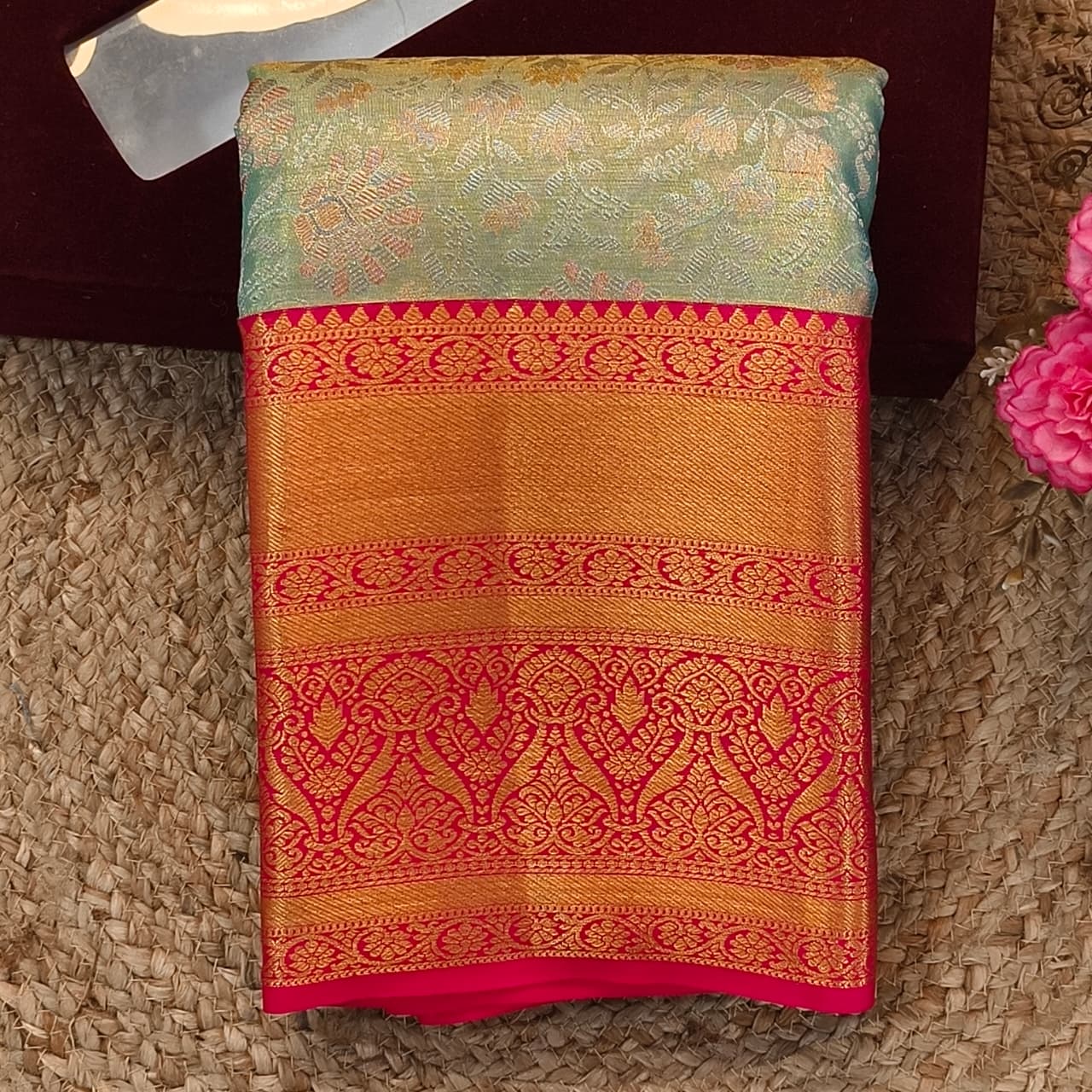 Aqua Green and Pink Kanchipuram Brocade Tissue Silk Saree