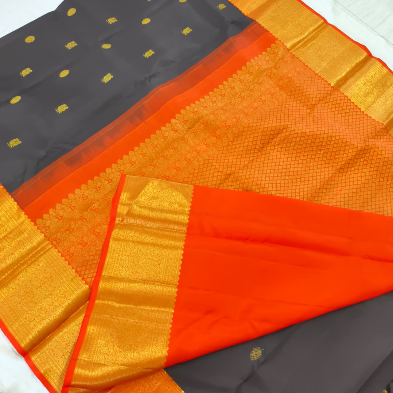 Black and Orange Kanchipuram Silk Saree