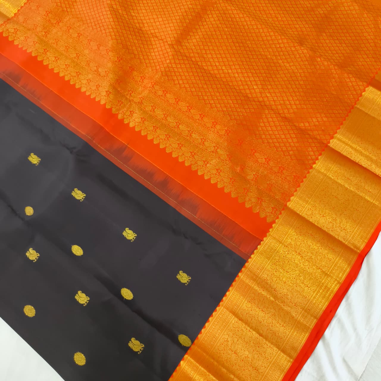 Black and Orange Kanchipuram Silk Saree