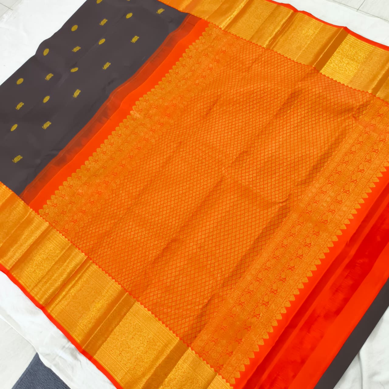 Black and Orange Kanchipuram Silk Saree