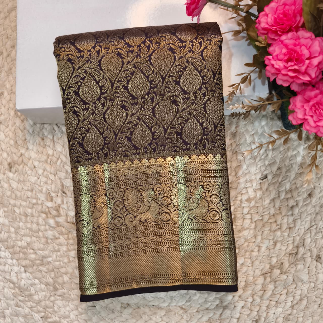 Deep Navy Blue Kanchipuram Brocade Silk Saree