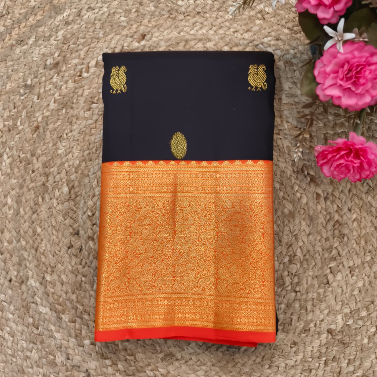 Black and Orange Kanchipuram Silk Saree