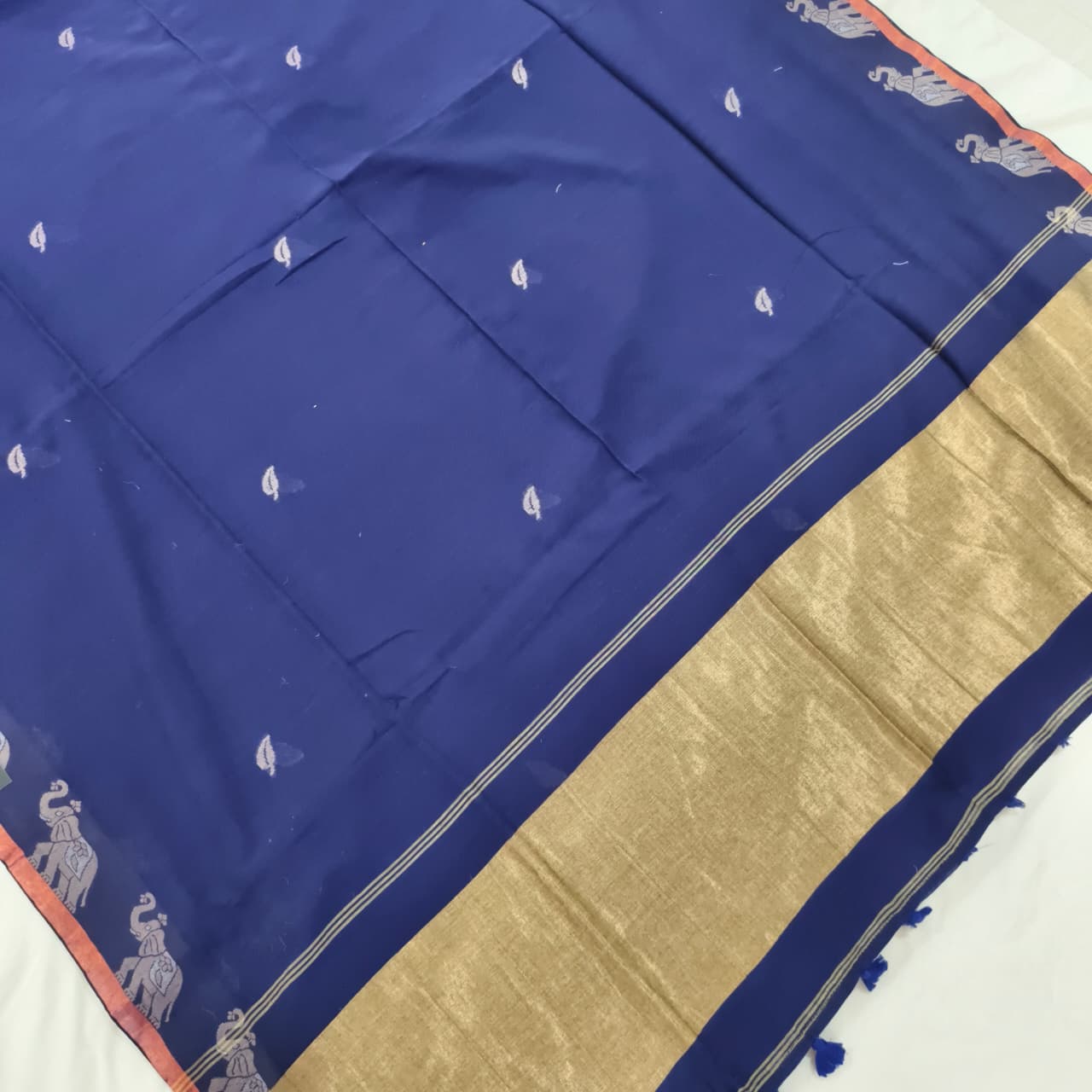 Bengal Cotton Saree- Blue with Elephant Border