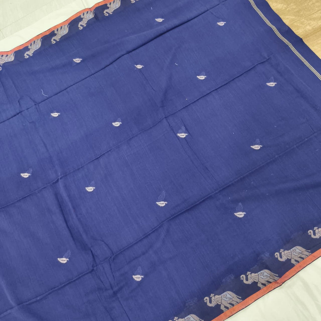 Bengal Cotton Saree- Blue with Elephant Border