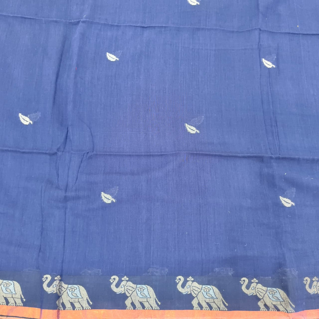 Bengal Cotton Saree- Blue with Elephant Border