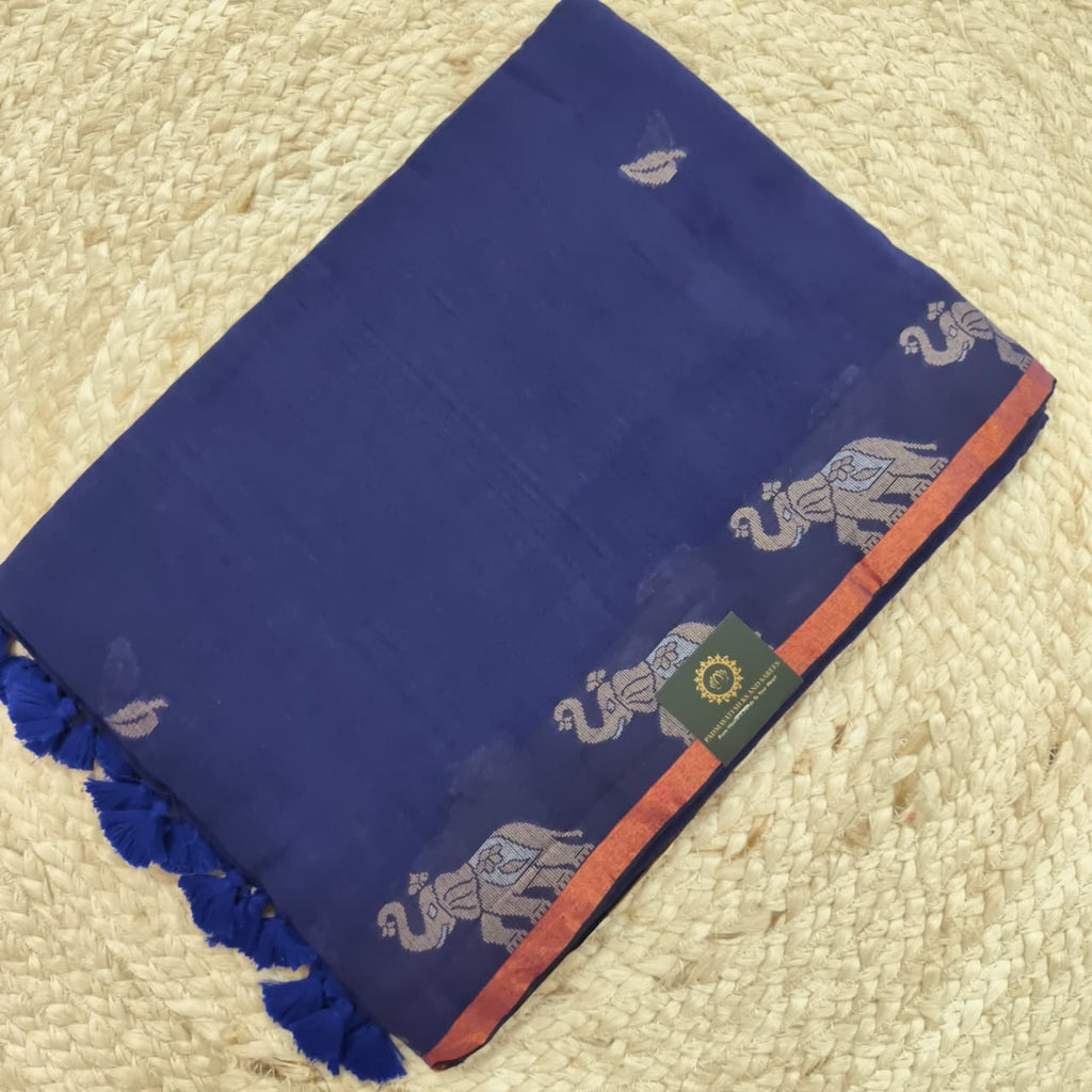 Bengal Cotton Saree- Blue with Elephant Border