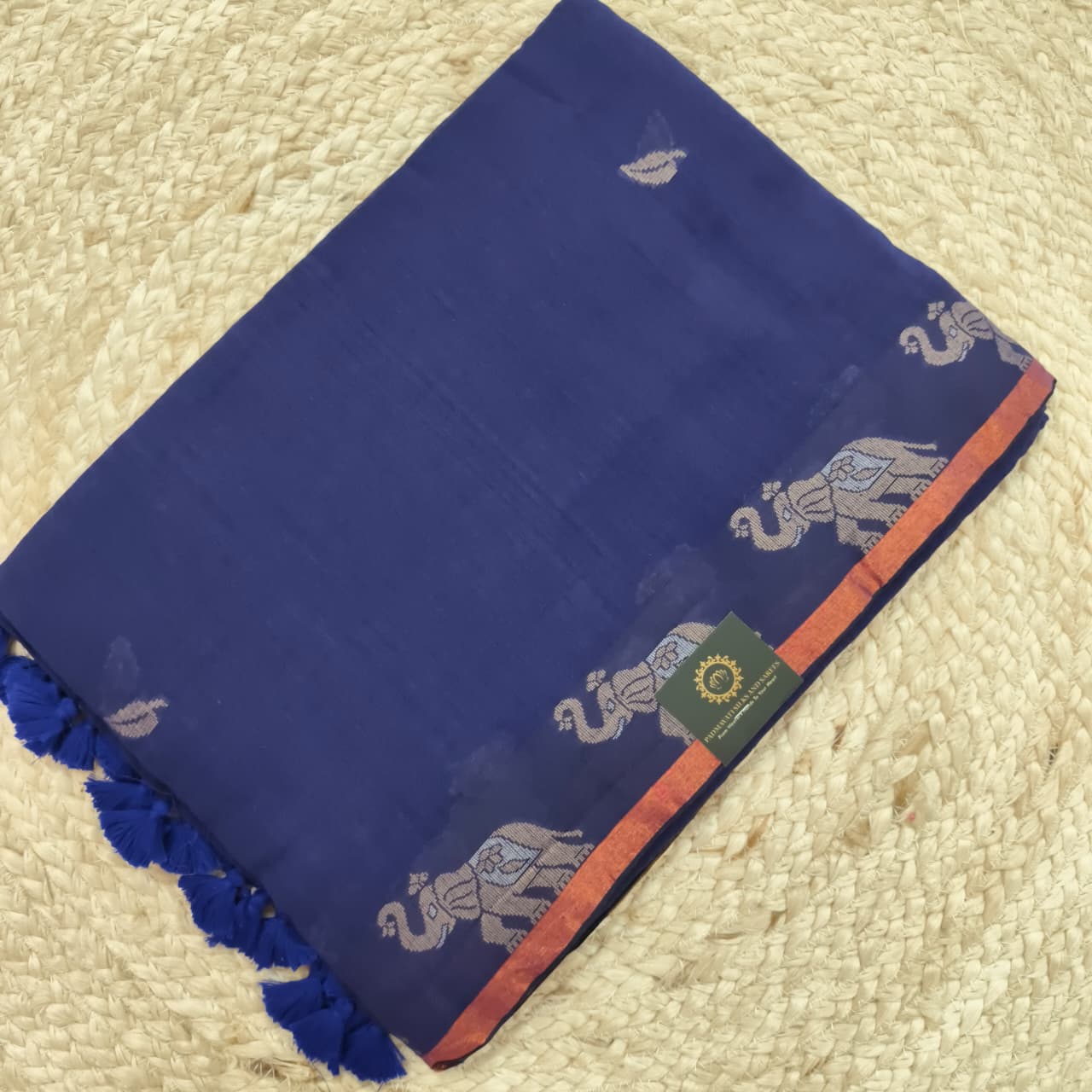 Bengal Cotton Saree- Blue with Elephant Border