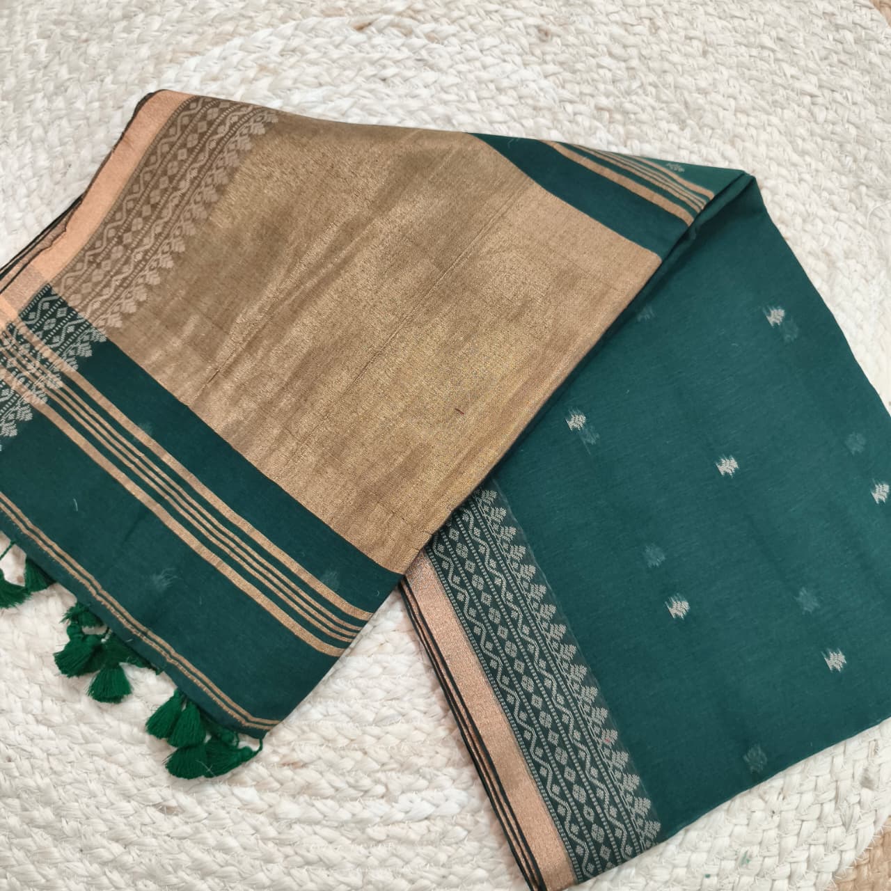 Bengal Cotton Saree- Bottle Green