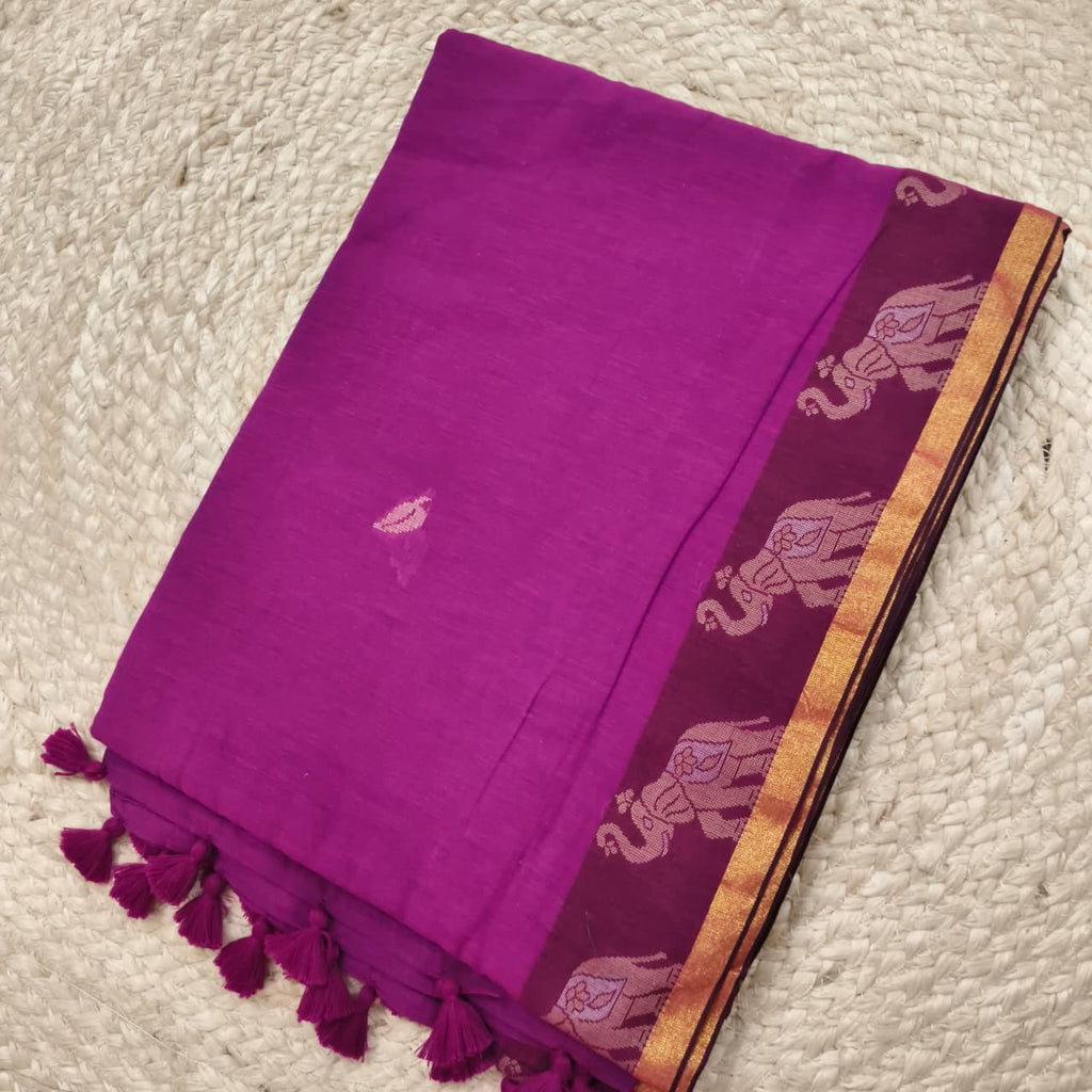 Bengal Cotton Saree- Pink with Elephant Border