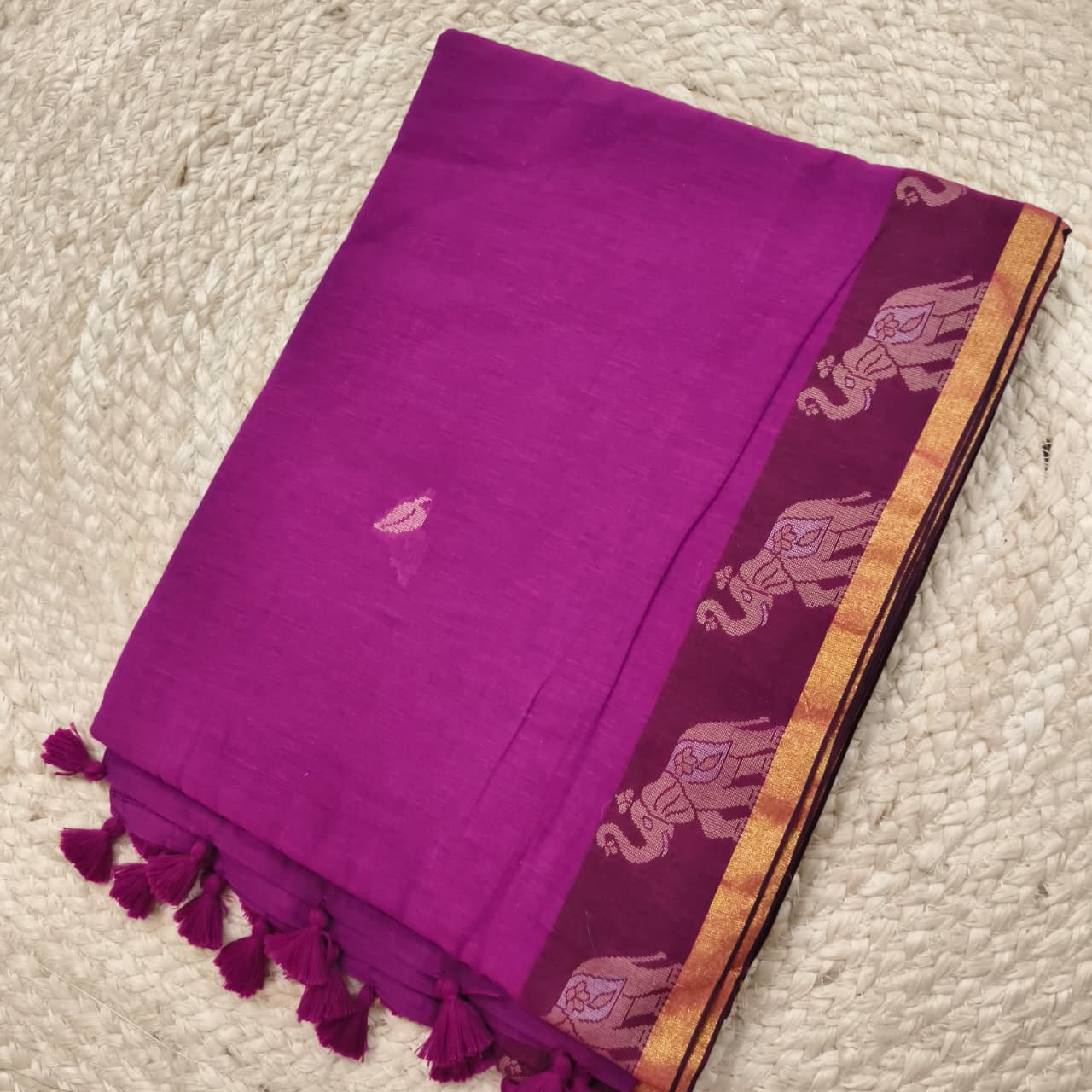 Bengal Cotton Saree- Pink with Elephant Border