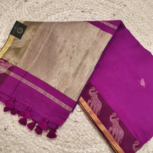 Bengal Cotton Saree- Pink with Elephant Border