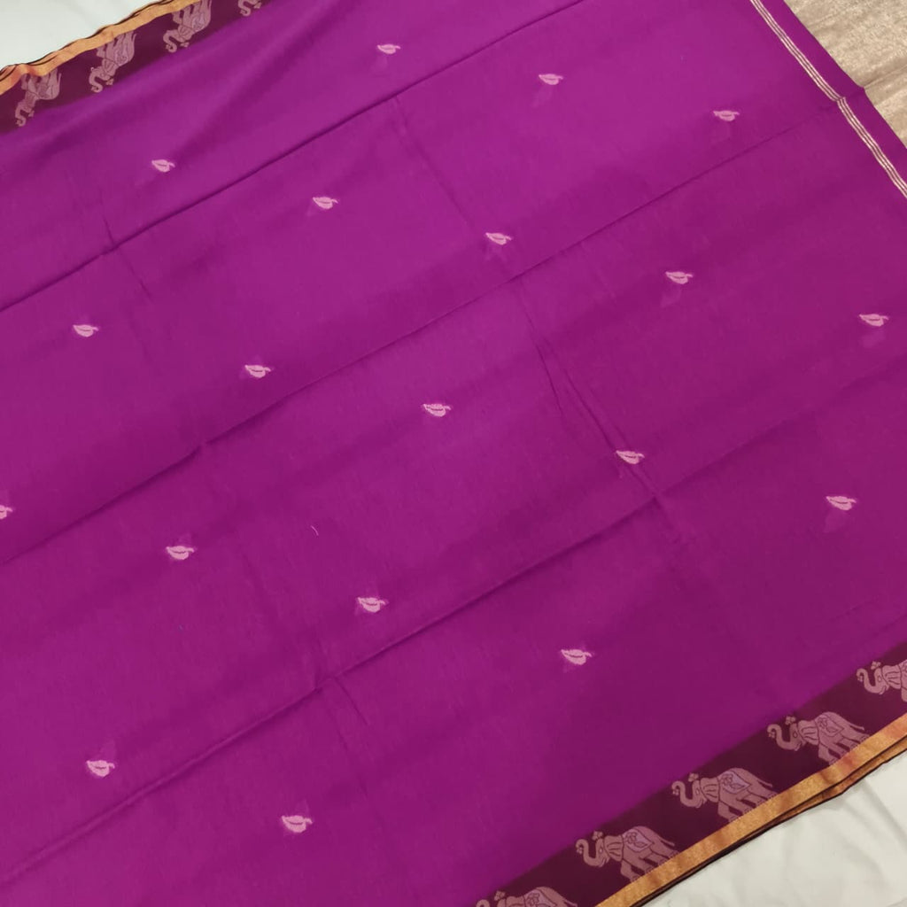 Bengal Cotton Saree- Pink with Elephant Border