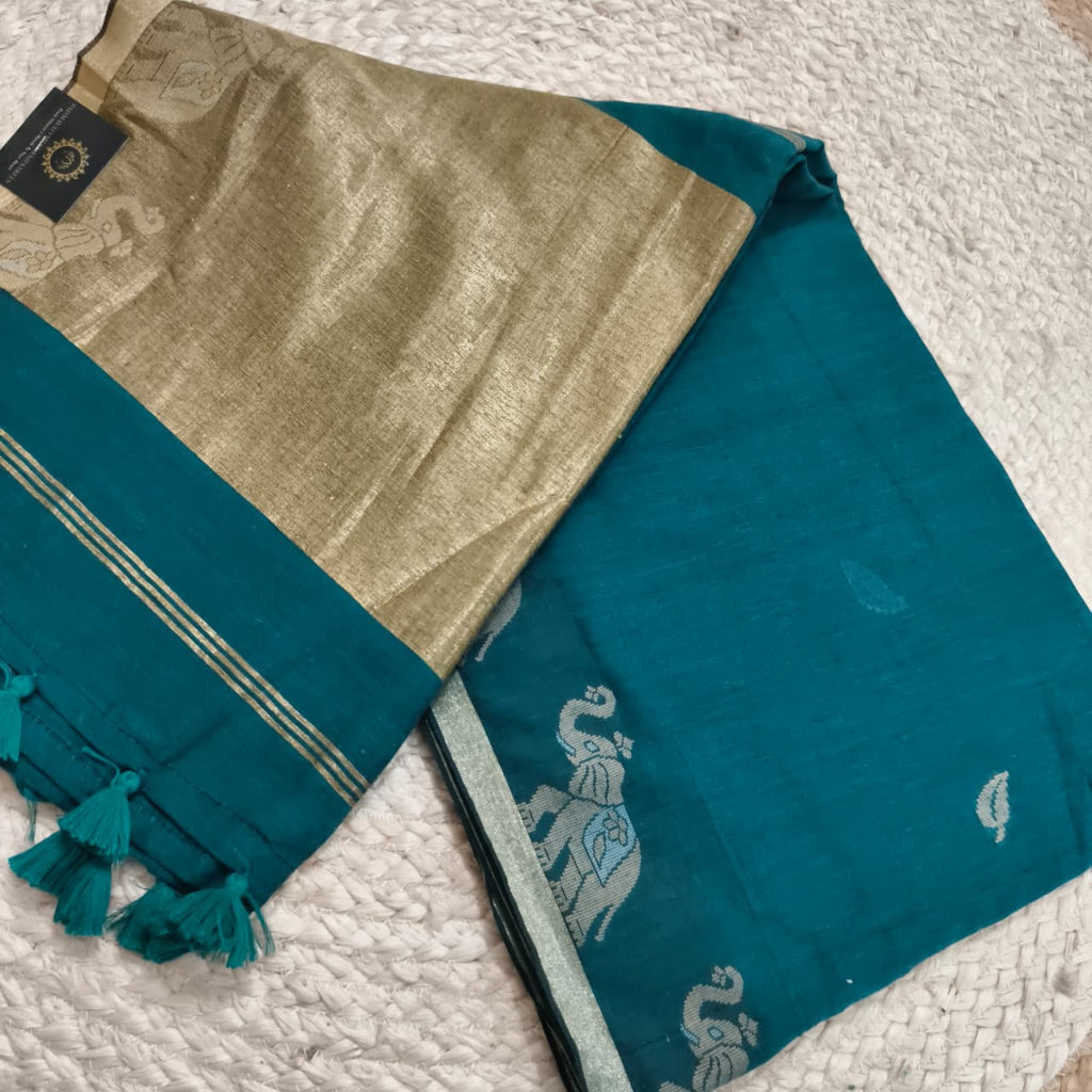 Bengal Cotton Saree- Rama Green with Elephant Border
