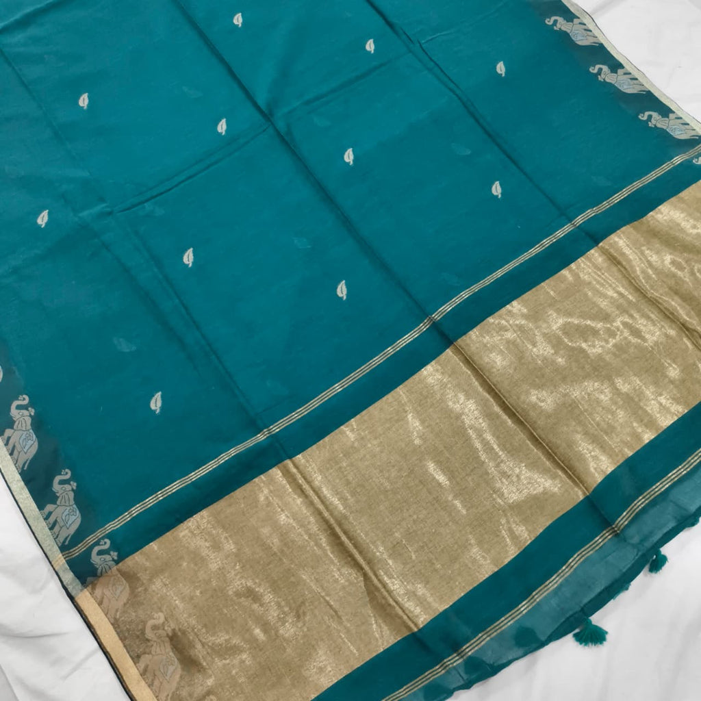 Bengal Cotton Saree- Rama Green with Elephant Border