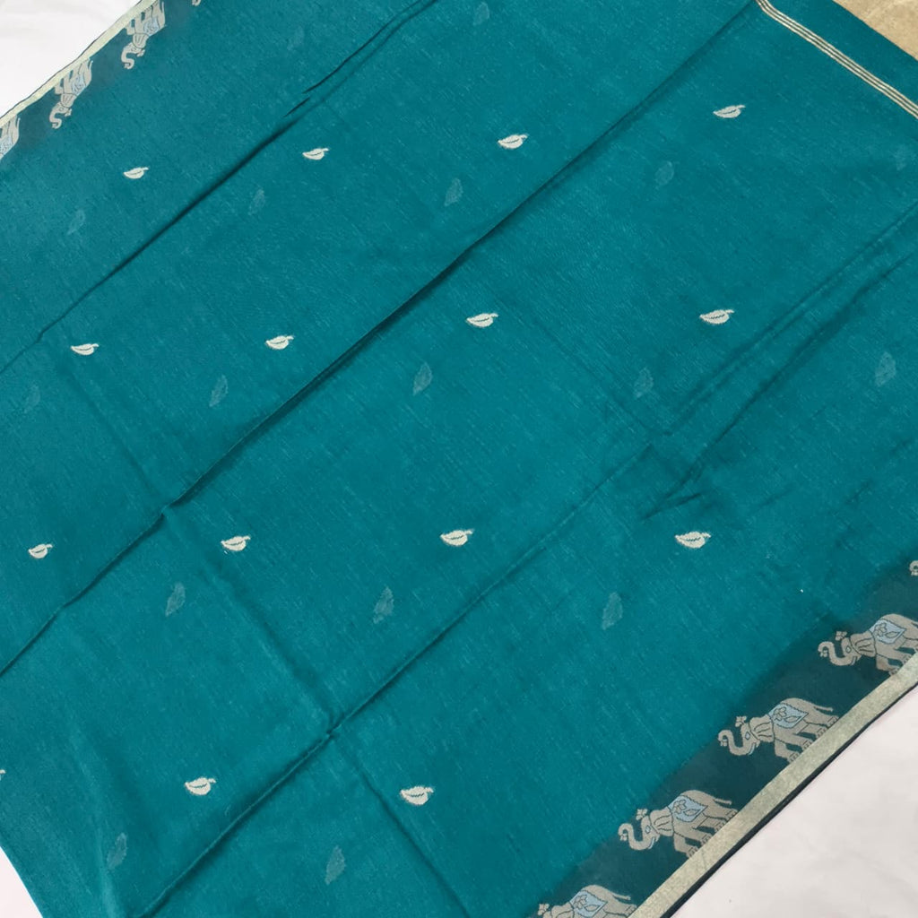 Bengal Cotton Saree- Rama Green with Elephant Border