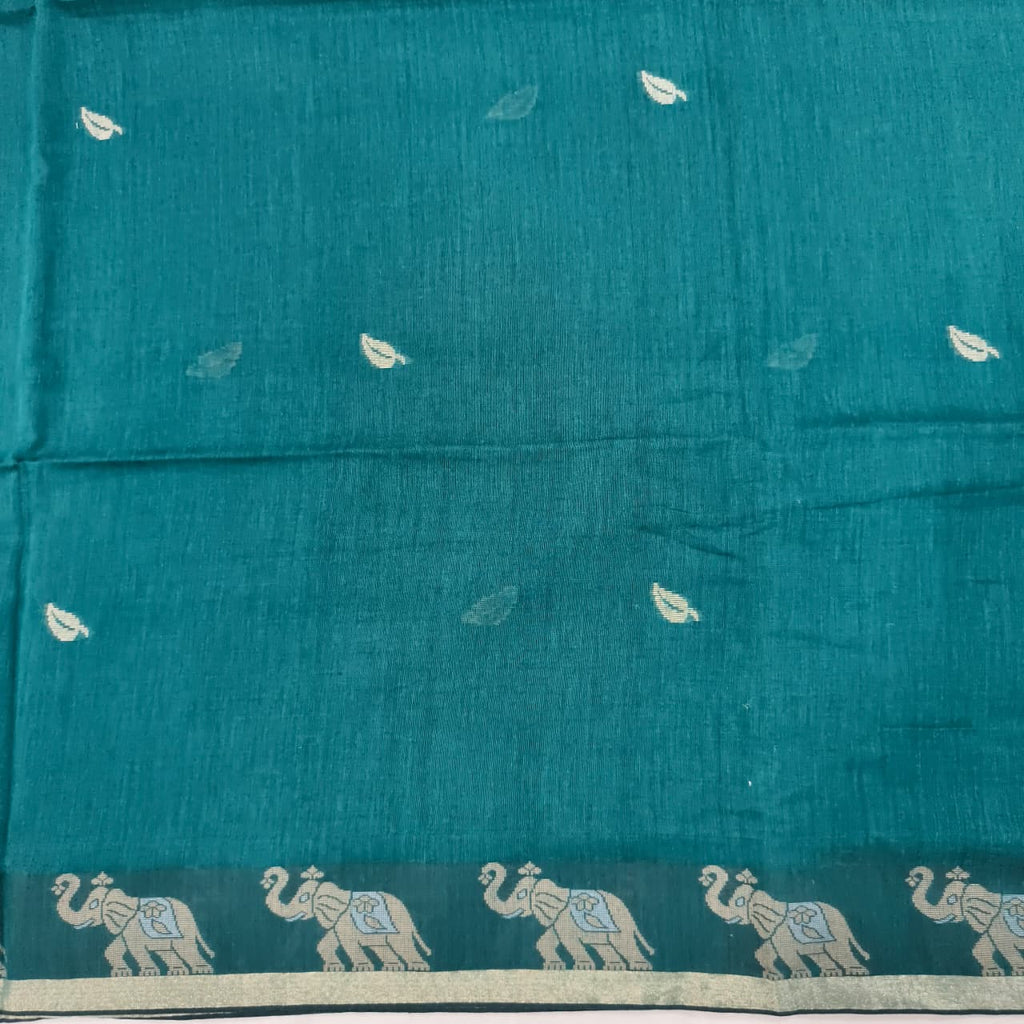 Bengal Cotton Saree- Rama Green with Elephant Border