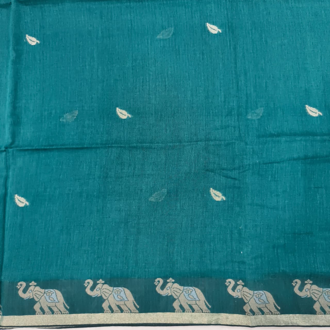 Bengal Cotton Saree- Rama Green with Elephant Border