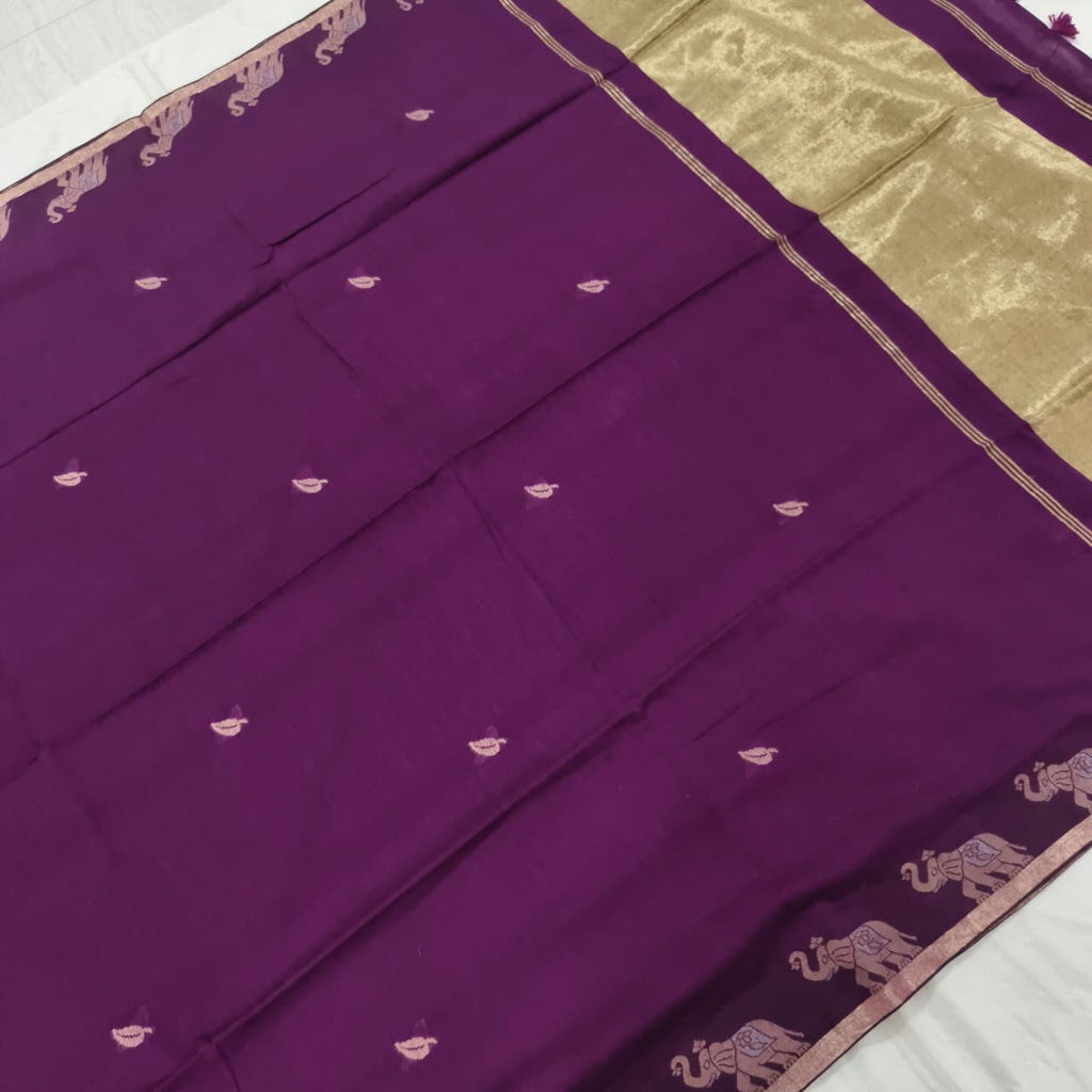 Bengal Cotton Saree- Wine Color with Elephant Border