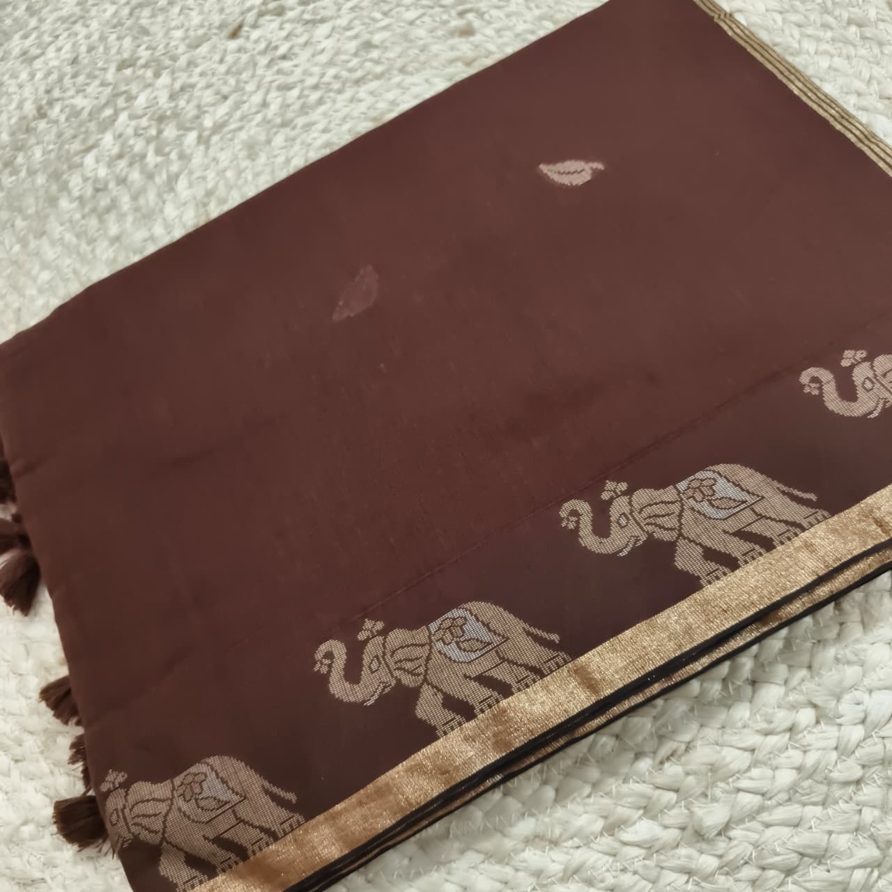 Bengal Cotton Saree- Brown Color with Elephant Border
