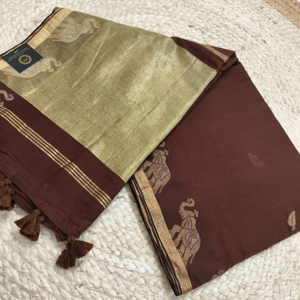 Bengal Cotton Saree- Brown Color with Elephant Border